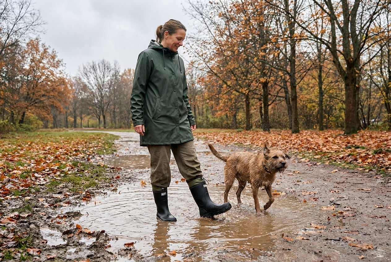 Frau in NaturWide Outdoor-Stiefeln geht mit Hund durch eine schlammige Herbstpfütze im Wald