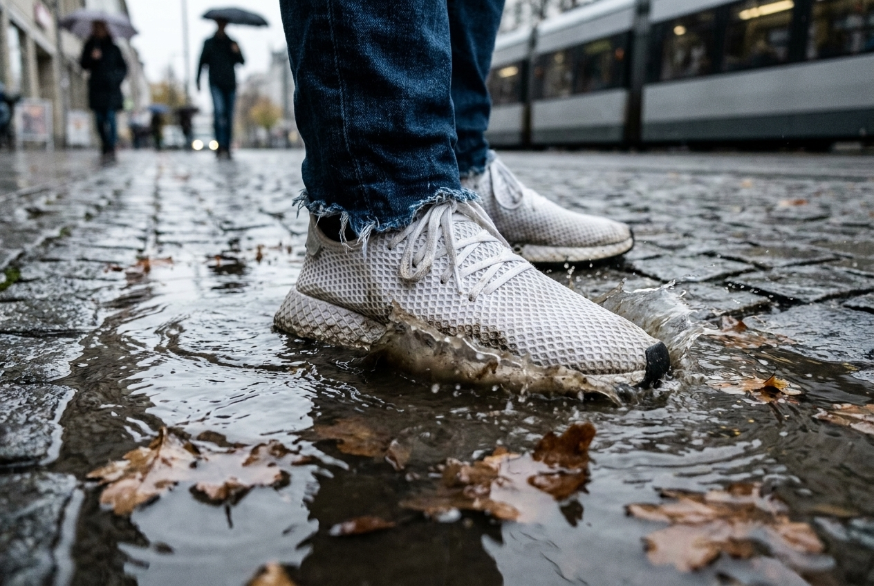 Weiße Sneaker steigen in eine herbstliche Pfütze auf Kopfsteinpflaster — durchnässte Füße im Alltag